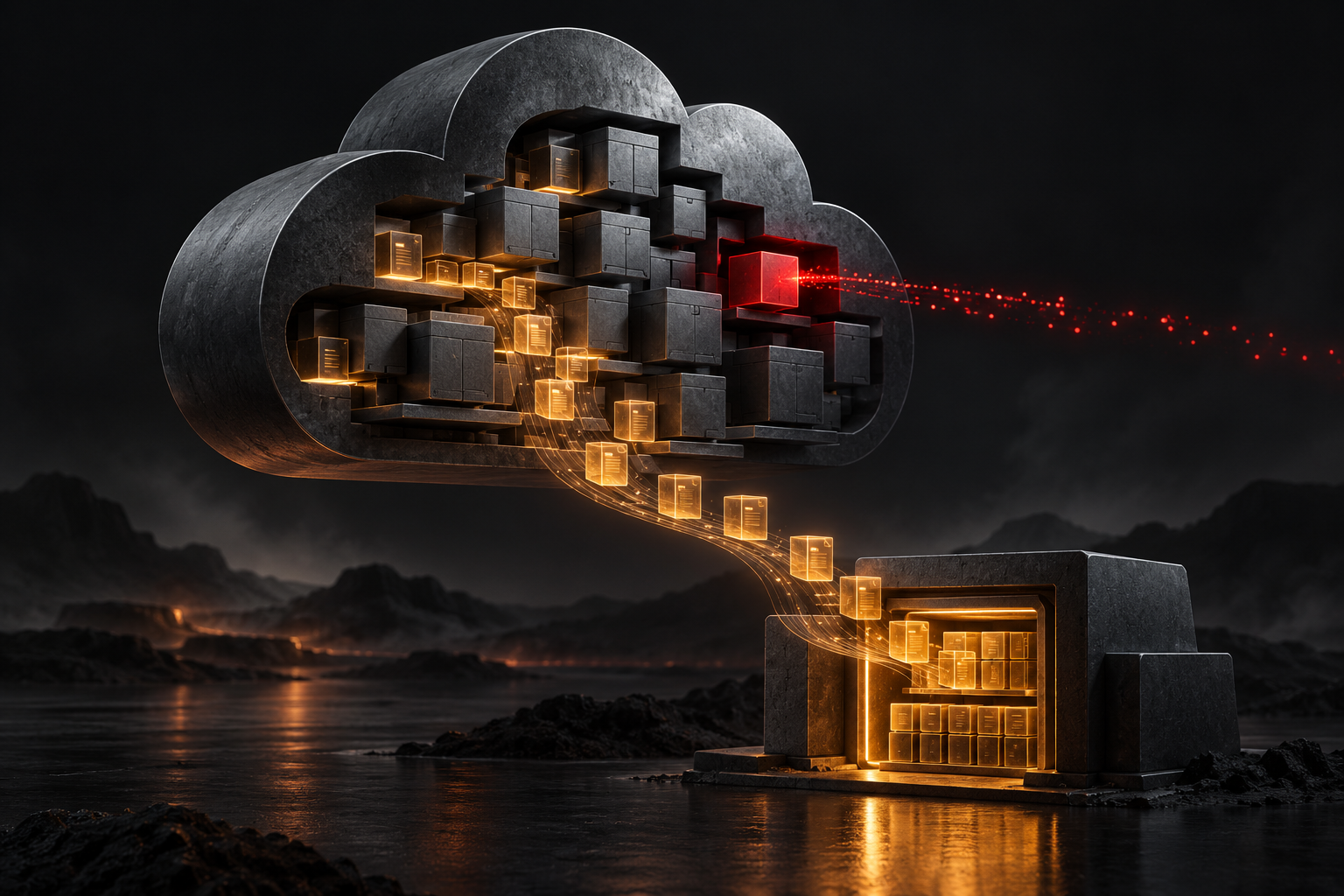 Illustrazione di storage cloud grafite con una traccia di eventi verso un archivio separato.