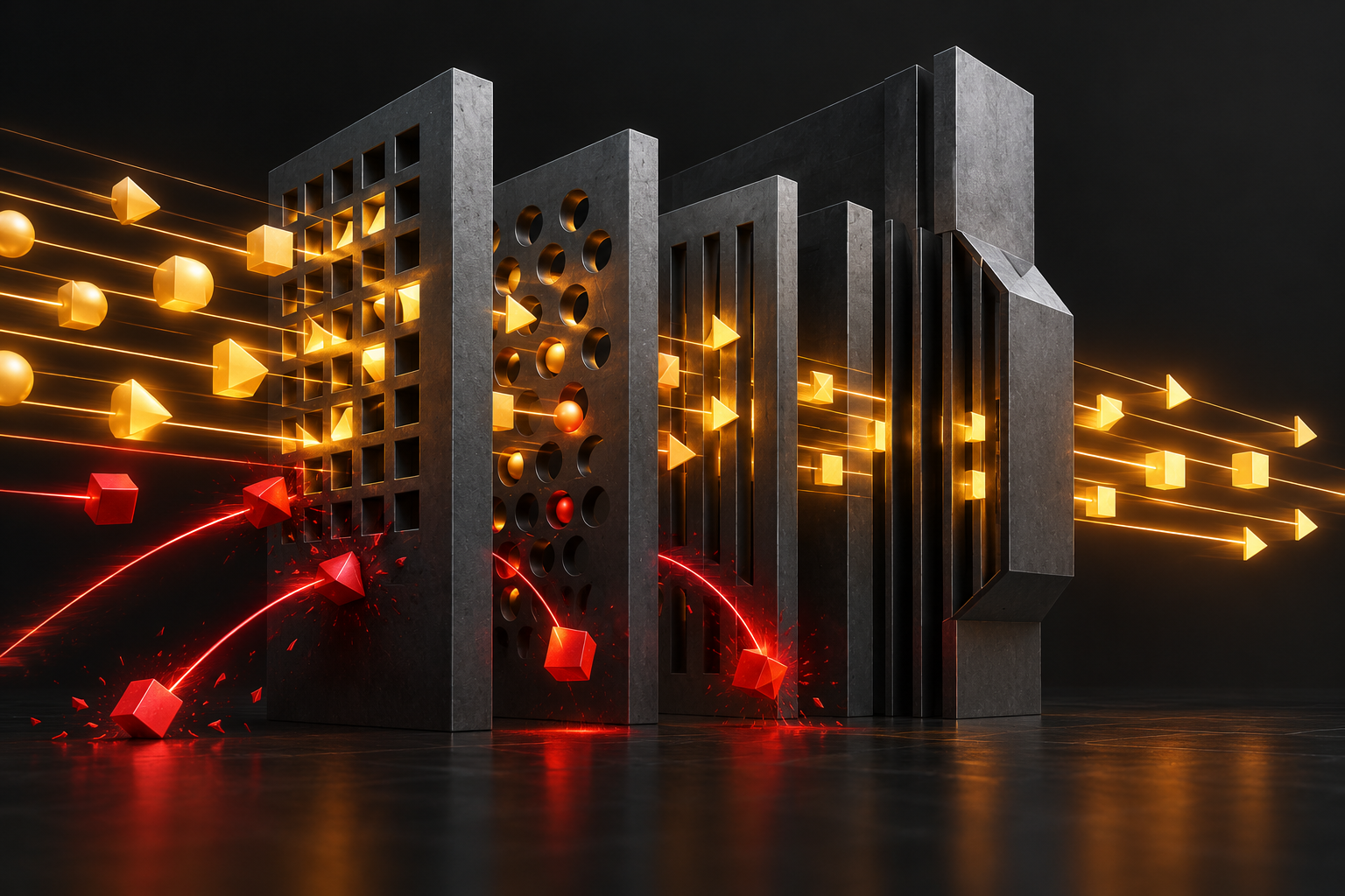 Illustrazione di un gateway di rete con filtri che separano pacchetti ambra e rossi.