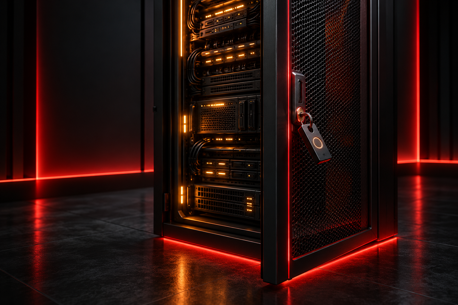 Illustrazione di un server grafite protetto da una chiave hardware con accenti rossi e ambra.