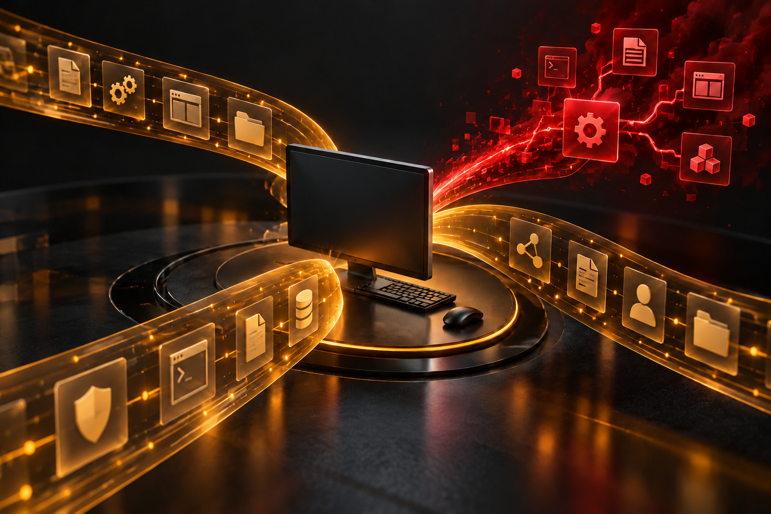 Illustrazione di una workstation al centro di flussi di eventi correlati, con un ramo di processo rosso.