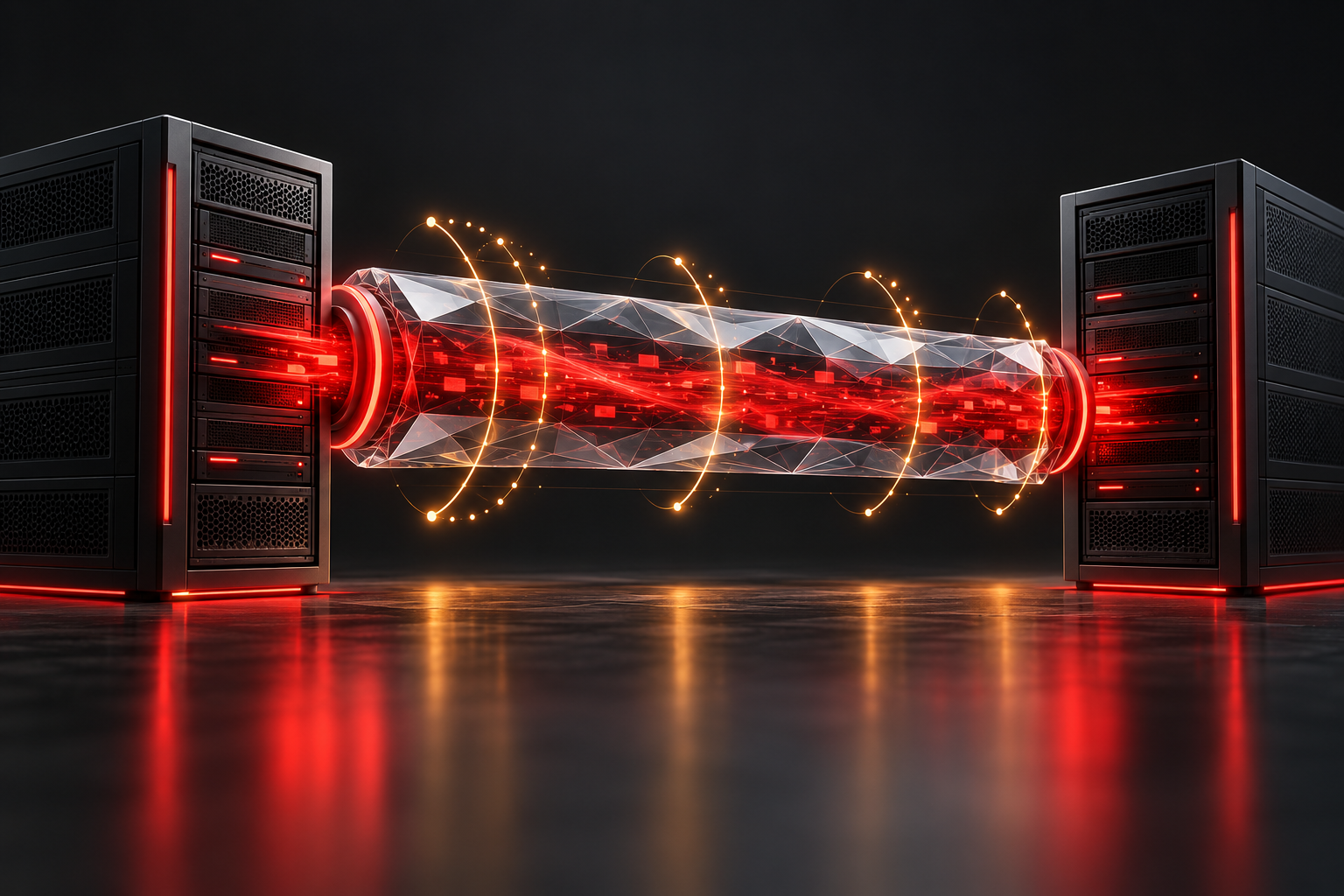 Illustrazione di due server con un flusso cifrato in un tunnel traslucido e impulsi temporali esterni.